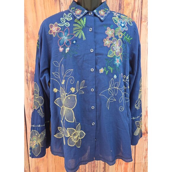 Johnny Was Workshop Floral Embroidered Button-Up Shirt Large - Picture 1 of 8